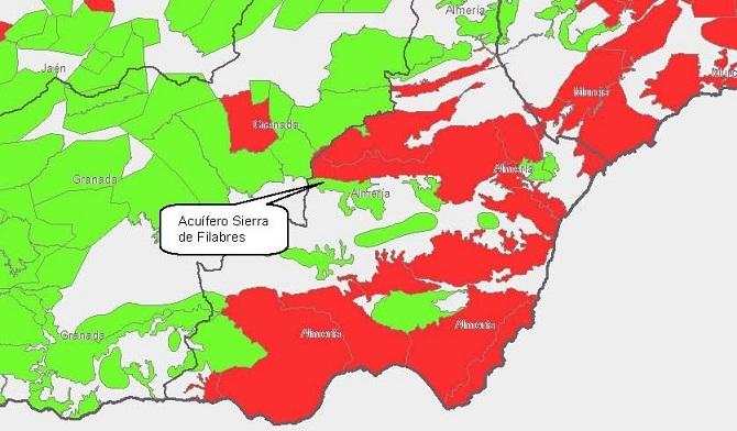 Ubicación de los pozos de emergencia para el Almanzora proyectados por la Junta. En rojo, los acuíferos en mal estado cuantitativo.