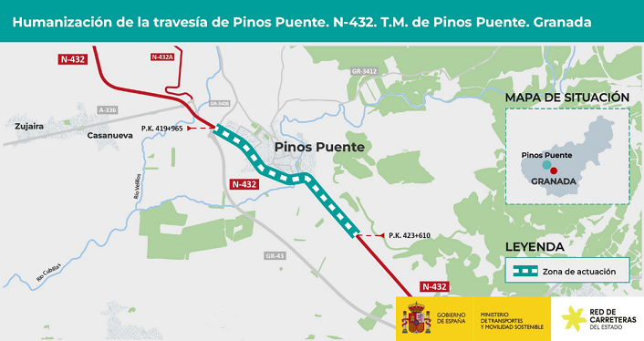 Localización en plano del tramo de 3,6 km de la N-432 que será reformado. 