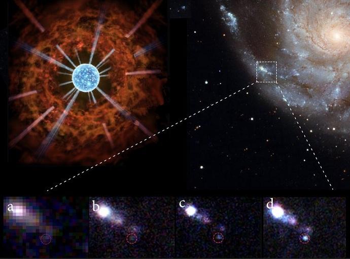 Las imágenes a, b, c y d muestran la explosión de supernova de SN 2023ixf y cómo pasa del rojo al azul en las diferentes observaciones.