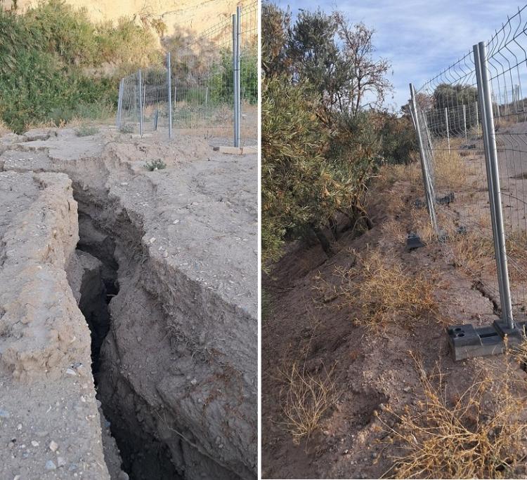 Imágenes del deterioro del terreno junto al vallado de la planta fotovoltaica.