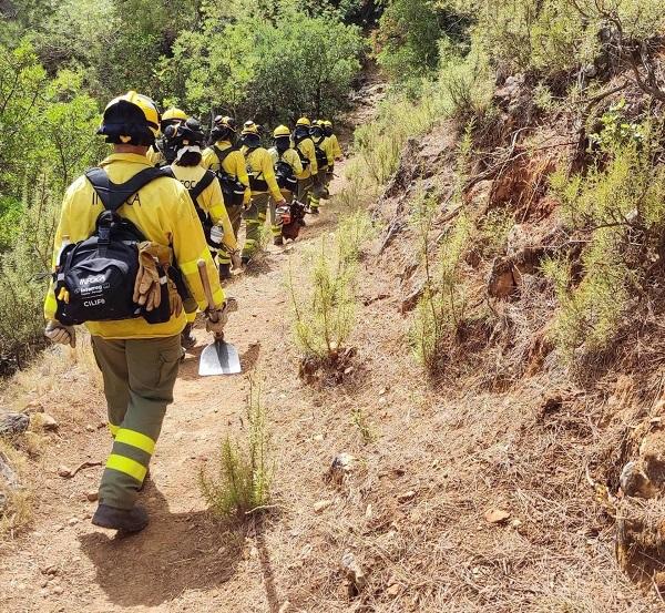 Imagen de archivo de bomberos que abandonan un paraje tras extinguir un fuego.