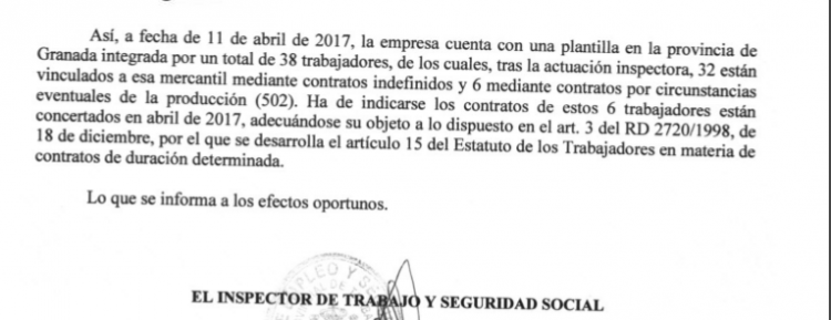 Detalle de la resolución de Inspección de Trabajo. Detalle de la resolución de Inspección de Trabajo.