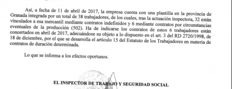 Detalle de la resolución de Inspección de Trabajo.