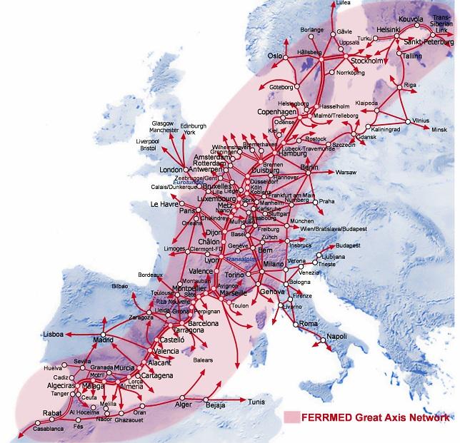 Mapa de líneas férreas de FERRMED, en la que está incluida la Guadix-Lorca.