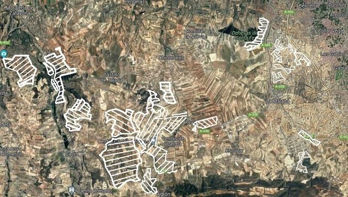 Mapa con una quincena de megaplantas fotovoltaicas proyectadas en la comarca de Alhama-Temple.