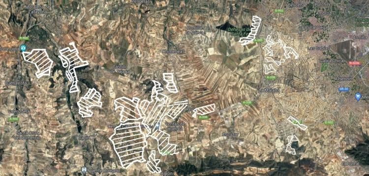 Mapa del Temple con la ubicación y extensión aproximada de una quincena de megaplantas fotovoltaicas. 