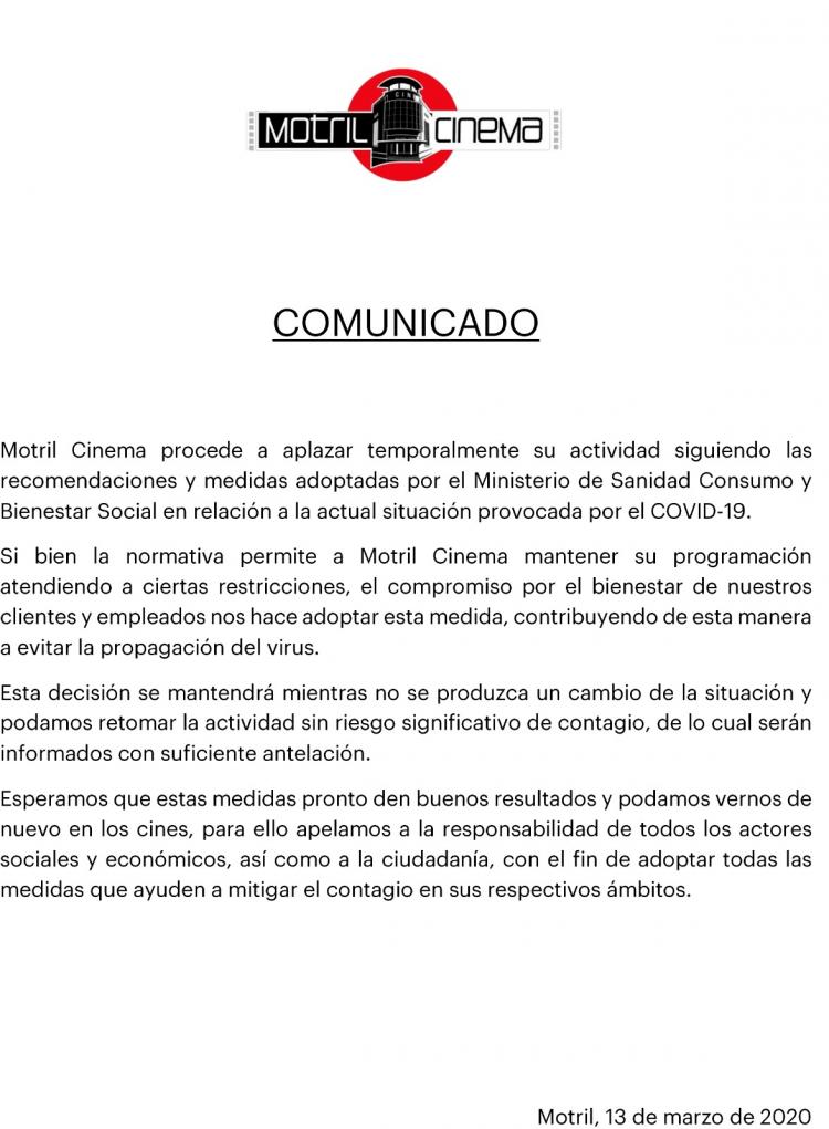 Comunicado de Motril Cinema.