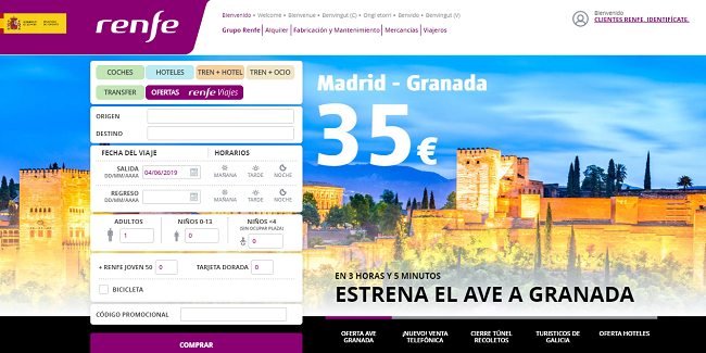 Promoción de Granada en la web de Renfe.