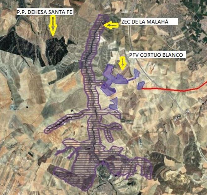 Plano que localiza la planta y líneas de evacuación sobre el terreno y su cercanía a espacios protegidos.