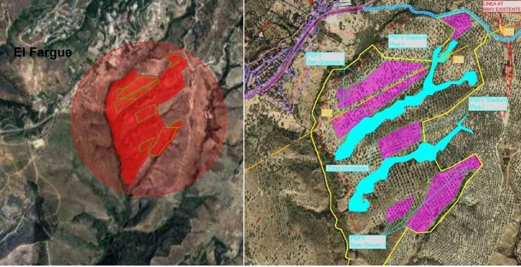 A la izquierda, en rojo, situación de la parcela, junto al núcleo urbano de El Fargue, y a la dcha. detalle de la ubicación de las tres plantas, en color rosa. En azul claro, zonas inundables.