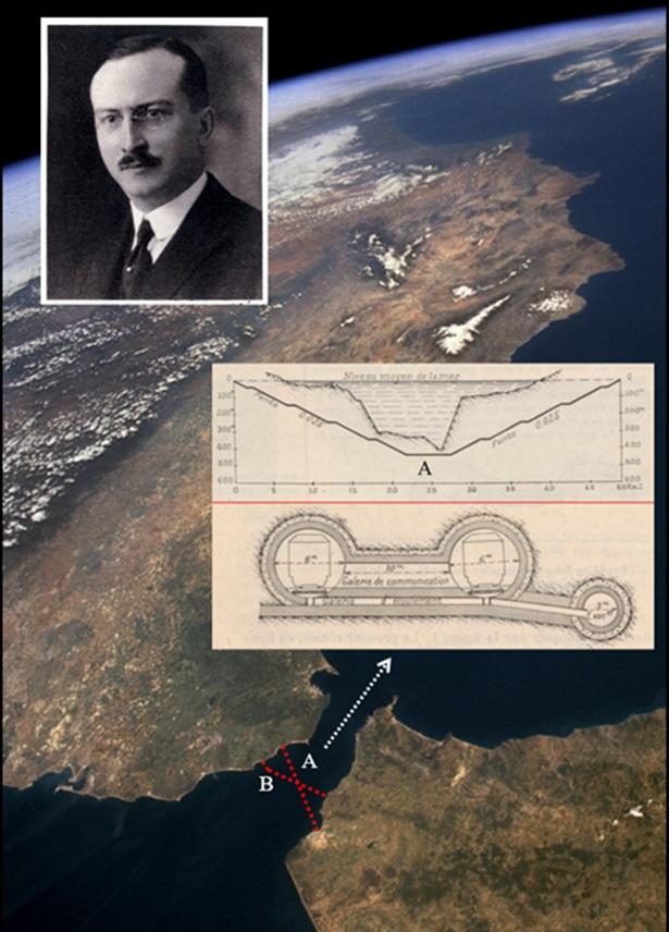 Imagen del estrecho de Gibraltar, captada por el transbordador espacial Endeavour (Abril de 1994). Se le han superpuesto una fotografía de Carlos Ibáñez de Ibero Grandchamps y dos perfiles del túnel (longitudinal y transversal) proyectado por él. Se han añadido además dos de las tres trazas propuestas.