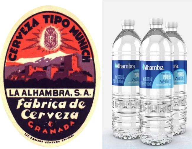 Etiqueta de Cerveza La Alhambra (1925), la marca más antigua que lleva este nombre comercial en España. A la derecha, 'water' Alhambra de California (1902).