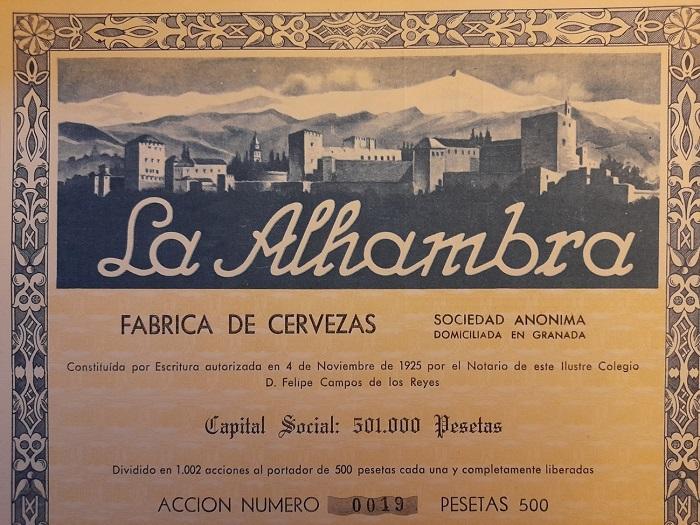 Acción de Cervezas La Alhambra que financió su puesta en marcha hace un siglo. Es la marca granadina más longeva.