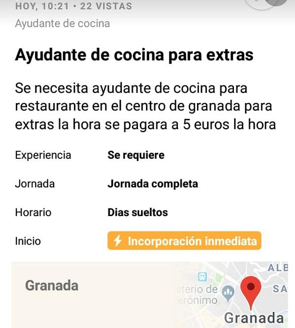 Captura de pantalla sobre la oferta de trabajo. 