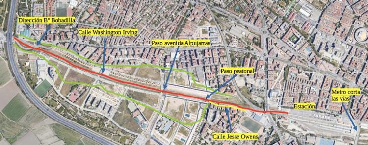 Plano de la zona de acceso a la estación de tren por La Chana. 