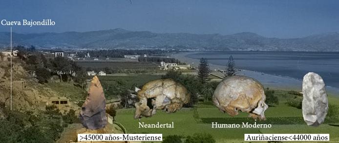 Cueva de Bajondillo y Bahía de Málaga a finales de los años 50. Cráneo de Neandertal e industrias líticas asociadas Musteriense recuperadas en Bajondillo (dcha) y cráneo de Humanos modernos e industria Auriñaciense de Bajondillo (izqda).
