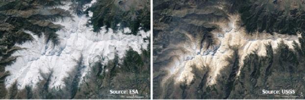 Imágenes de satélite de Sierra Nevada, a la derecha tras la intrusión de polvo sahariano en febrero de 2017.