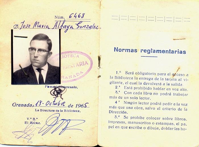 Carnet de lector de José María Alfaya de la Universidad de Granada curso 1965 (interior). 