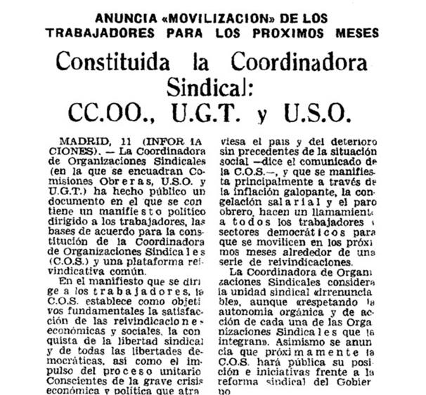 Noticia sobre la constitución de la Coordinadora de Organizaciones Sindicales del 11 de noviembre de 1976, en Informaciones. 