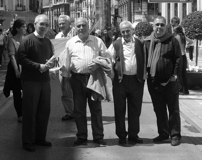 1º de Mayo de 2008. Dirigentes históricos relacionados con los sucesos de la Curia. De izquierda a derecha: Antonio Quitián, Miguel Girela Reyes, Luis López García y Juan Alfredo Bellón. Archivo Histórico CCOO de Andalucía. Colección fotográfica.