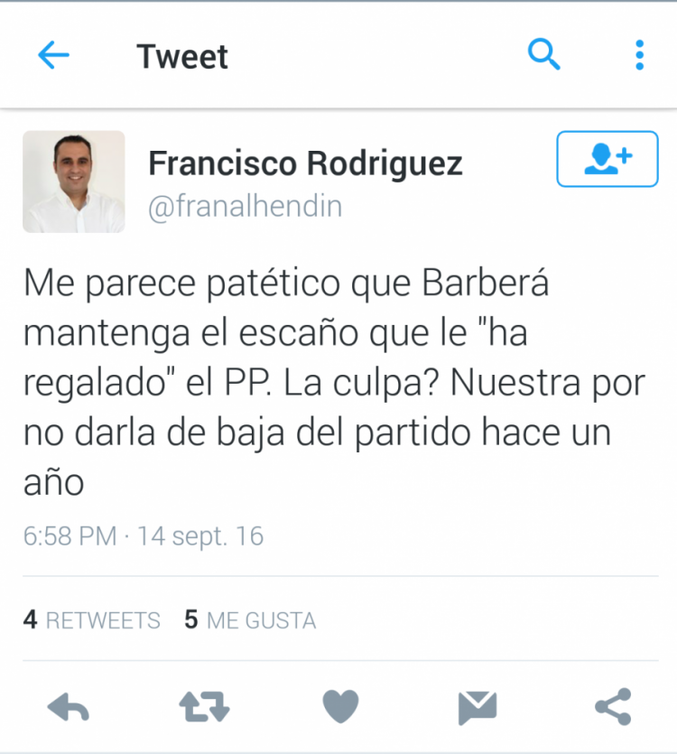 Captura de pantalla con el tuit de Rodríguez.