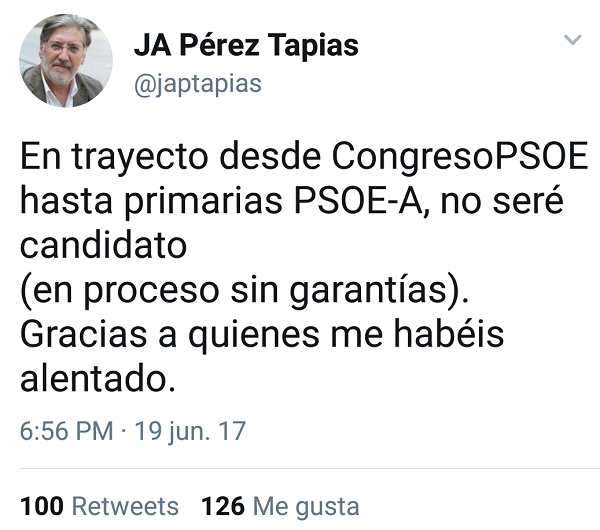 Captura de pantalla con el tuit de Pérez Tapias.