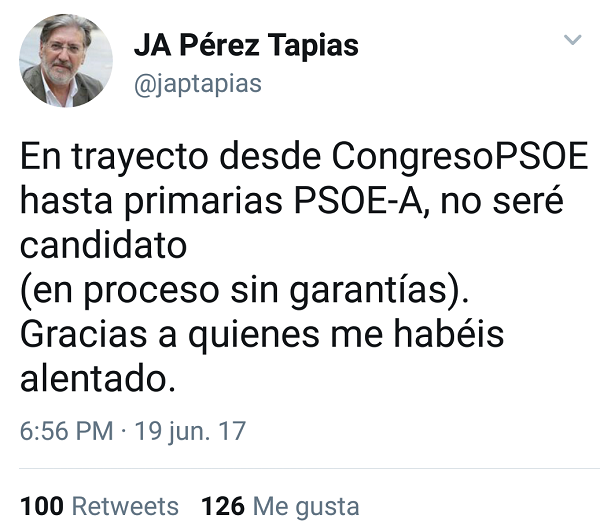Captura de pantalla con el tuit de Pérez Tapias. Captura de pantalla con el tuit de Pérez Tapias.