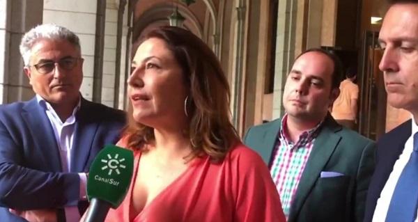 Carmen Crespo atiende a los medios en los pasillos del Parlamento.