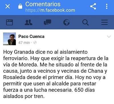 Captura de pantalla con el mensaje de facebook.