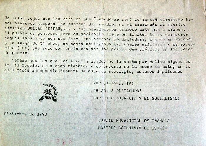 Panfleto contra las penas del Proceso de Burgos del Comité Provincial del PCE de Granada en diciembre de 1970 y que se repartió profusamente por la ciudad y la Universidad. 