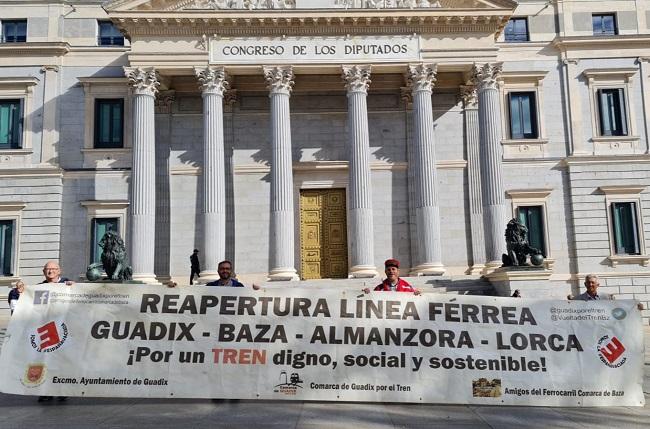 Representantes de los colectivos con la pancarta desplegada ante el Congreso.