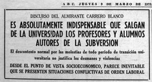 Discurso del Almirante Carrero Blanco sobre estudiantes y profesores universitarios “subversivos”.