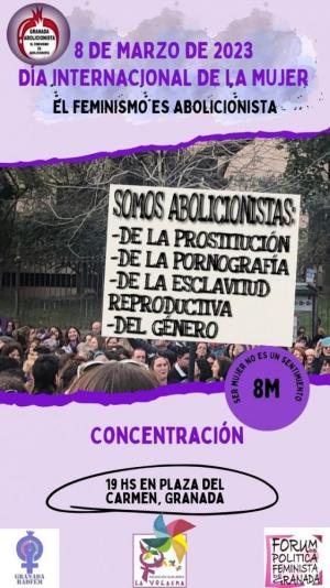 Cartel del próximo 8 de marzo de La Volaera, Forum Política Feminista y Granada Radfem