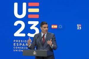 Pedro Sánchez cuando presentó los grandes ejes de la Presidencia española de la Unión Europea.