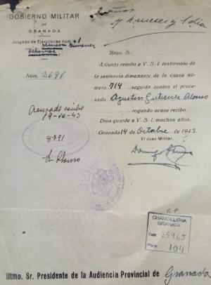 Portada de sentencia contra Agustín Gutiérrez Alonso. (Archivo Real Chancillería de Granada. Caja 25965, Pieza 104).