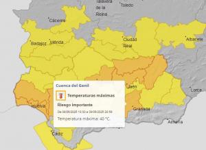 Mapa de avisos de Aemet para este domingo, con recuadro informativo de la cuenca del Genil. 
