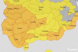 Mapa de avisos en la mitad sur peninsular para este sábado. 