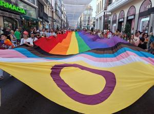 Una de las banderas gigantes portada durante la manifestación del Orgullo.