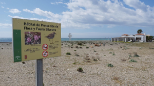 Imagen del entorno, con el cartel que avisa de que es un hábitat de protección.