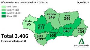 Mapa oficial de la incidencia del Covid-19 en Andalucía a fecha de 26 de marzo.