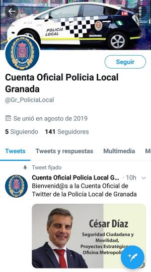 Captura de pantalla de la nueva cuenta oficial de la Policía Local de Granada con el mensaje de César Díaz inicialmente fijado en el perfil.