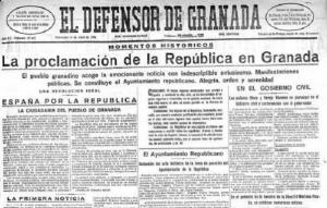 Detalle de la publicación El Defensor de Granada con la noticia de la proclamación de la II República. 