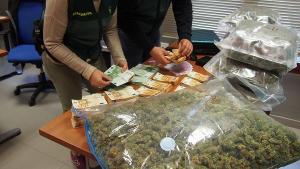 Agentes cuentan dinero intervenido en una operación contra el cultivo y tráfico de marihuana.