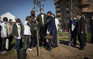 El alcalde, Luis Salvador, echa tierra a uno de los nuevos árboles. 