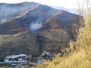 Imagen del fuego en una de las laderas sobre el valle del Darro. 
