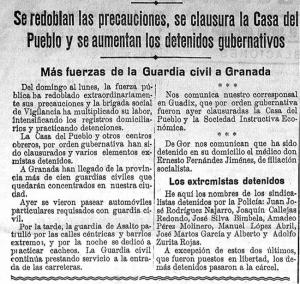 Información de detenciones y clausura de casas del Pueblo en Granada, en la Revolución de 1934.