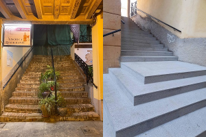 A la izquierda, imagen de las escaleras originales, a la derecha, el resultado de la remodelación.