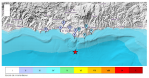 Mapa de la localización del terremoto y las localidades en las que se ha sentido.