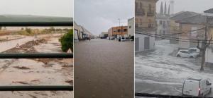 La autovía A-92, anegada, a la izquierda, el polígono empresarial de Cijuela, inundado, y el casco de la localidad.
