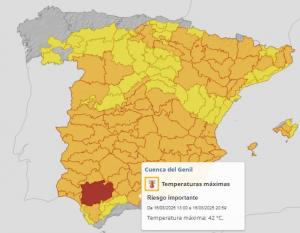 Mapa de avisos para este sábado, con detalle de la cuenca del Genil.